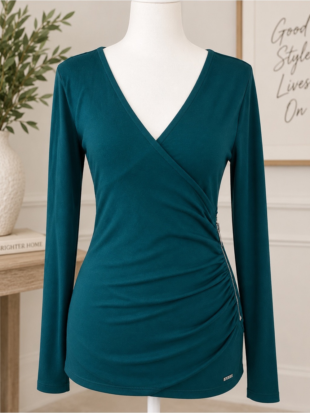 GUESS Women’s Small Teal Green Ruched Wrap Top Silver Zipper Y2K
